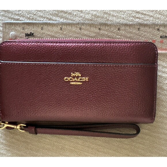 Coach Metallic Small Wristlet Soft Burgundy Wrist Strap Leather Bag Zip Handbag - Picture 11 of 12